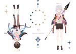  2boys 676643396dolce arjuna_(fate/grand_order) black_shorts bow_(weapon) brown_eyes brown_hair capelet closed_eyes dark_skin dark_skinned_male fate/apocrypha fate_(series) halo highres holding holding_bow_(weapon) holding_spear holding_weapon karna_(fate) moon_phases multiple_boys polearm rotational_symmetry shirt shorts sparkle spear upside-down weapon white_hair white_shirt younger 