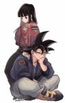  1boy 1girl alternate_costume arm_rest baggy_pants bangs black_eyes black_hair black_legwear blunt_bangs boots breast_pocket chi-chi_(dragon_ball) clothes_writing collarbone commentary_request couple dragon_ball dragon_ball_z eyelashes full_body grey_footwear grey_pants grin hair_down hand_on_another&#039;s_shoulder hand_on_own_cheek hand_on_own_face hand_rest highres hime_cut indian_style jacket long_hair looking_at_viewer looking_away looking_back muscle number open_clothes open_jacket pants pink_jacket pocket purple_jacket simple_background sitting sitting_on_person smile socks son_gokuu spiked_hair tama_azusa_hatsu tiptoes twitter_username white_background yellow_footwear 