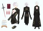  676643396dolce black_gloves blue_eyes bodysuit book bottle candle character_sheet chest_jewel cleavage_cutout cross cross_necklace eye_symbol fate/apocrypha fate/grand_order fate_(series) gloves highres holy_water jewelry karna_(fate) male_focus necklace priest red_eyeshadow single_earring sword vasavi_shakti weapon white_hair 