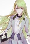  1boy alternate_costume bow bowtie csyko enkidu_(fate/strange_fake) fate/strange_fake fate_(series) formal green_eyes green_hair hair_ornament hairclip long_hair smile solo suit suitcase very_long_hair 