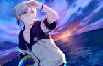  1boy blue_eyes csyko dutch_angle earth fate/grand_order fate_(series) gao_changgong_(fate) grey_hair hair_between_eyes horizon jacket looking_away male_focus ocean shading_eyes short_ponytail silver_hair skky solo sunset wristband 