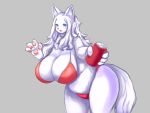  4:3 :3 absurd_res anthro belly big_breasts bikini blue_eyes blush breasts canid canine canis cleavage clothed clothing curvy_figure domestic_dog female fur grey_background hair hanging_breasts hi_res huge_breasts inake kemono leaning leaning_forward long_hair mammal neck_tuft offering_to_viewer open_mouth overweight overweight_female pawpads pink_nose pink_pawpads simple_background skimpy smile solo standing swimwear thick_thighs tuft voluptuous white_body white_fur white_hair wide_hips 