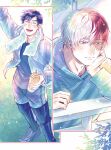  2boys absurdres arm_up black_hair blue_sweater boku_no_hero_academia bottle highres holding holding_bottle hood hooded_sweater iida_tenya konsobastew long_sleeves looking_at_another male_focus multicolored_hair multiple_boys open_mouth red_eyes short_hair split-color_hair sweater teeth todoroki_shoto towel towel_around_neck water_bottle white_hair yaoi 