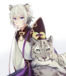  1boy animal_ears biting blue_eyes cat_ears chinese_clothes csyko fate/grand_order fate_(series) gao_changgong_(fate) grey_hair hair_between_eyes highres kemonomimi_mode leopard_ears male_focus mouth_hold short_hair silver_hair solo tail tail_biting 