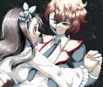  1boy 1girl black_hair black_jacket black_necktie breasts brown_eyes brown_hair christine_daae christine_daae_(cosplay) commentary_request cosplay dress erik_(phantom_of_the_opera) erik_(phantom_of_the_opera)_(cosplay) flower hachiouji_naoto hair_flower hair_ornament hairclip half_mask height_difference hetero highres holding_hands ijiranaide_nagatoro-san interlocked_fingers jacket mao_bunny mask medium_breasts nagatoro_hayase necktie phantom_of_the_opera spanish_commentary white_dress wide_sleeves 