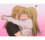  1boy 1girl arms_around_waist black_shirt blonde_hair blue_eyes blush border close-up commentary_request couple ear_blush earrings edward_elric eye_contact eyebrows_visible_through_hair eyes_visible_through_hair fidgeting fingernails fullmetal_alchemist furrowed_eyebrows gradient gradient_background grey_background grey_sweater hair_down hanayama_(inunekokawaii) hand_under_clothes hand_under_shirt hands_together hetero hug jewelry letterboxed looking_at_another muscle nervous noses_touching own_hands_together piercing pink_background shirt short_sleeves shy simple_background sleeves_past_wrists smile squiggle sweatdrop sweater upper_body v-shaped_eyebrows white_border winry_rockbell yellow_eyes 
