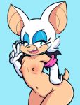  anthro big_butt blue_background breasts butt chiropteran clothing convenient_censorship eulipotyphlan eyeshadow female flat_chested gesture gloves green_eyes hair hand_on_hip handwear looking_at_viewer makeup mammal nipples nude rouge_the_bat runeechan simple_background small_breasts solo sonic_the_hedgehog_(series) standing teeth thick_thighs tongue v_sign wide_hips wings 