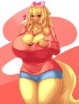  &lt;3 absurd_res accessory anthro big_breasts blonde_hair blush bottomwear breasts candy canid canine canis chocolate cleavage cleavage_cutout clothed clothing curvy_figure cute_fangs domestic_dog female fluffy fluffy_tail food fully_clothed fur hair hair_accessory hair_bow hair_ribbon hi_res huge_breasts inake looking_at_viewer mammal neck_tuft open_mouth pawpads pink_pawpads red_eyes ribbons shorts smile solo standing sweater thick_thighs topwear tuft voluptuous wide_hips yellow_body yellow_fur 