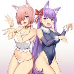  2girls animal_ear_fluff animal_ears bangs bare_arms bare_shoulders bell bell_choker black_bodysuit blush bodysuit bow breasts cat_ears check_character choker cleavage collarbone commentary_request covered_navel detached_sleeves eyebrows_visible_through_hair eyes_visible_through_hair fang fate/grand_order fate_(series) hair_bell hair_bow hair_ornament hair_over_one_eye large_breasts lavender_hair long_hair looking_at_viewer mash_kyrielight meltryllis multiple_girls navel open_mouth panties pink_hair purple_eyes purple_hair purple_sleeves red_bow red_choker shirt short_hair simple_background skin_fang smile tail underwear white_background white_panties white_shirt xubai 