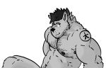  akio beard blinking blue_eyes canid canine canis facial_hair hairy hi_res husky92 mammal manly muscular smile smirk tattoo warrior wolf 