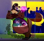 2024 anthro background_character beard belly big_belly bodily_fluids bottle burping container facial_hair felid feline fluffy fluffy_tail glass hair hyena inside_stomach internal male male_pred male_prey mammal party partying rumbling_stomach sliding_door squirming stomach_acid tail vore watermark wild_(wildside) wildside