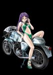  1girl adjusting_eyewear bakuon!! black_background casual_one-piece_swimsuit full_body green_eyes green_swimsuit ground_vehicle highres long_hair looking_at_viewer minowa_hijiri motor_vehicle motorcycle one-piece_swimsuit purple_hair sakuma_masanori sandals simple_background smile solo swimsuit vehicle_request 