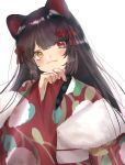  1girl animal_ears bangs black_hair blush commentary_request eyebrows_visible_through_hair fang fang_out feather_boa floral_print flower hair_flower hair_ornament hair_ribbon heterochromia highres inui_toko japanese_clothes kimono long_hair long_sleeves nijisanji ojou-sama_pose print_kimono red_eyes red_nails red_ribbon ribbon simple_background smile solo upper_body virtual_youtuber white_background xiaji_xianding_pingguo yellow_eyes 