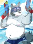  2016 3:4 absurd_res anthro beakbum belly bulge canid canine canis clothing hi_res humanoid_hands kemono male mammal moobs nipples outside overweight overweight_male solo swimwear water wolf 