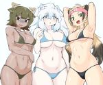  3girls :d :o ahoge animal_ears arm_at_side armpits arms_behind_head arms_up ass_visible_through_thighs aurochs_(kemono_friends) bangs bear_ears big_hair bikini black_bikini black_hair black_swimsuit blonde_hair blue_bikini blue_eyes blue_swimsuit breasts brown_eyes brown_hair collarbone cow_ears cow_horns cow_tail dark_skin embarrassed empty_eyes extra_ears eyebrows_visible_through_hair ezo_brown_bear_(kemono_friends) furrowed_eyebrows green_bikini green_eyes green_hair green_swimsuit hair_between_eyes hand_on_own_arm hand_up headband horns kemono_friends large_breasts lion_ears long_hair looking_at_viewer medium_breasts multicolored_hair multiple_girls navel open_mouth pale_skin side-by-side side-tie_bikini side-tie_bottom sidelocks simple_background smile stomach swimsuit tail turn_pale twintails two-tone_hair v-shaped_eyebrows volfogg_asagi wavy_mouth white_background white_hair white_lion_(kemono_friends) 