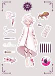  1boy 676643396dolce ankle_ribbon barefoot bloody_gauze child closed_eyes dress fate/apocrypha fate_(series) floating full_body_tattoo gauze gold_coin heart_(organ) highres hospital_gown karna_(fate) male_focus needle no_panties pale_skin ribbon sack scalpel scissors snake_tattoo solo surgical_scissors syringe tattoo white_dress white_hair younger 