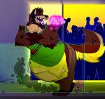 2024 ambiguous_gender ambiguous_prey anthro background_character beard belly big_belly bodily_fluids bottle burping container facial_hair fluffy fluffy_tail glass hair hyena imprint internal male male_pred mammal party partying rumbling_stomach sliding_door squirming tail vore watermark wild_(wildside) wildside