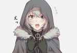  1girl black_gloves blush cape csyko fate_(series) fur-trimmed_cape fur_trim gloves gray_(lord_el-melloi_ii) green_eyes grey_cape grey_hair hair_between_eyes hood hood_up lord_el-melloi_ii_case_files open_mouth solo surprised wide-eyed 
