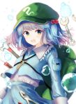  1girl backpack bag bangs blue_eyes blue_hair blue_shirt blue_skirt blush collared_shirt cowboy_shot crowbar flat_cap frilled_shirt_collar frills green_headwear hair_bobbles hair_ornament happiness_lilys hat highres kawashiro_nitori key long_sleeves looking_at_viewer medium_hair open_mouth pocket shirt short_twintails skirt skirt_set smile tools touhou twintails two_side_up water_drop wrench 