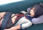  1girl bangs black_hair blush breasts closed_eyes couch eyebrows_visible_through_hair hair_ornament hair_over_one_eye kako_(kantai_collection) kantai_collection long_hair lying messy_hair midriff miniskirt ne_an_ito neckerchief on_back open_mouth parted_bangs pleated_skirt red_neckwear school_uniform serafuku skirt sleeping underboob 