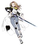  1girl belt brown_eyes brown_hair denim empew holding holding_sword holding_weapon jacket jeans long_hair looking_at_viewer open_clothes open_jacket open_mouth original pants shoes simple_background sneakers solo sword weapon 
