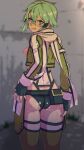  1girl angry ass blush breasts commentary_request cropped_jacket fingerless_gloves from_behind gloves green_eyes green_hair highres hutamaru jacket looking_at_viewer looking_back lotion nipples scarf short_hair sinon small_breasts solo sword_art_online thighhighs wet wet_clothes 