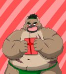  2020 anthro asian_clothing belly blush brown_body brown_fur canid canine canis clothing cute_fangs domestic_dog east_asian_clothing fundoshi fur hi_res holidays humanoid_hands japanese_clothing kemono male mammal navel overweight overweight_male scar solo tokyo_afterschool_summoners tubz_thapbear12 underwear valentine&#039;s_day video_games yasuyori 