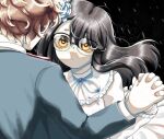  1boy 1girl bespectacled black_hair brown_eyes christine_daae christine_daae_(cosplay) commentary_request cosplay dress erik_(phantom_of_the_opera) erik_(phantom_of_the_opera)_(cosplay) flower glasses hachiouji_naoto hair_flower hair_ornament heart heart-shaped_pupils hetero highres holding_hands ijiranaide_nagatoro-san long_hair mao_bunny nagatoro_hayase phantom_of_the_opera spanish_commentary symbol-shaped_pupils white_dress 