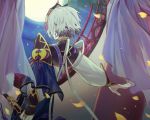  1boy chinese_clothes csyko fate/grand_order fate_(series) from_behind full_moon gao_changgong_(fate) hair_between_eyes highres horned_mask male_focus masked moon silver_hair solo window 