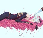  1boy 676643396dolce arjuna_(fate/grand_order) blue_eyes bodysuit fate/apocrypha fate/grand_order fate_(series) flower flower_bed gloves highres karna_(fate) lying male_focus on_side out_of_frame petals solo_focus white_gloves white_hair 