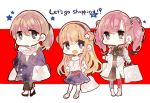  3girls alternate_costume atlanta_(kantai_collection) bag bangs blonde_hair blush breasts brown_hair chibi closed_mouth coat double_bun earrings english_text eyebrows_visible_through_hair fletcher_(kantai_collection) hair_between_eyes hair_ornament hairband handbag intrepid_(kantai_collection) jewelry kantai_collection light_brown_hair long_hair long_sleeves mika_(hh7) multiple_girls necklace open_mouth pants ponytail scarf shopping_bag single_earring skirt smile standing star star_earrings twintails 