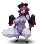  1girl bangs bare_shoulders black_footwear black_panties braid breastless_clothes breasts cameltoe chinese_clothes commentary full_body hair_between_eyes hat highres houtengeki jiangshi large_breasts long_hair looking_at_viewer mouth_drool navel ofuda open_mouth original panties purple_skin qing_guanmao red_hair red_pupils shoes simple_background sleeves_past_fingers sleeves_past_wrists solo squatting symbol_commentary thighhighs tiptoes twin_braids undead underwear very_long_hair very_long_sleeves white_background white_legwear yellow_eyes 