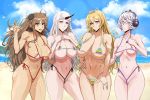  4girls areola_slip areolae beach blonde_hair blue_eyes blush breasts brown_eyes brown_hair bun_cover cleavage glasses horn iowa_(kantai_collection) kantai_collection krabby_(artist) long_hair looking_at_viewer multiple_girls open_mouth red_eyes renka_(senran_kagura) seaport_hime senran_kagura shinkaisei-kan short_hair smile string_bikini supply_depot_hime white_hair 