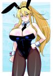  1girl absurdres alternate_costume animal_ears artoria_pendragon_(all) artoria_pendragon_(swimsuit_ruler)_(fate) black_legwear black_leotard black_neckwear blonde_hair blue_background breasts bunny_ears bunny_tail bunnysuit cleavage commentary_request cowboy_shot detached_collar fate/grand_order fate_(series) green_eyes highres large_breasts leotard long_hair necktie pantyhose perepere-kun ponytail solo standing strapless strapless_leotard tail wrist_cuffs 