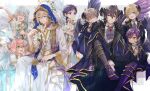  6+boys :d ;d ^_^ absurdres ahoge angel angel_and_devil angel_wings angels_(ensemble_stars!) arm_up ascot between_legs black_flower black_gloves black_hair black_pants black_vest blonde_hair blue_eyes blue_hair blue_sash blue_scarf blue_veil boots bouquet braid brooch cape closed_eyes closed_mouth coat collared_shirt cross cross_necklace crossed_bangs curtained_hair demon_boy demon_horns devil&#039;s_mansion_(ensemble_stars!) dot_mouth earrings ensemble_stars! facing_viewer feathered_wings feet_out_of_frame fine_(ensemble_stars!) flower foot_out_of_frame fur-trimmed_cape fur_trim fushimi_yuzuru gem gloves gold_earrings gradient_footwear green_eyes grey_ascot grey_background grey_eyes grey_footwear grey_hair grey_wings grin hair_between_eyes hakaze_kaoru halo halo_behind_head hand_between_legs hands_on_another&#039;s_shoulder head_rest hibiki_wataru high_heel_boots high_heels highres himemiya_tori hip_vent holding holding_bouquet holding_flower horns huyucotton indian_style invisible_chair jewelry knee_boots knee_up lily_(flower) long_hair long_sleeves looking_at_another looking_at_flowers looking_at_viewer looking_to_the_side low_ponytail lying male_focus medium_hair mole mole_under_eye multiple_boys necklace official_alternate_costume ogami_koga on_stomach one_eye_closed otogari_adonis pants parted_lips pink_hair polar_opposites purple_cape purple_coat purple_eyes purple_footwear purple_hair purple_scarf red_eyes red_gemstone robe rosary sakuma_rei_(ensemble_stars!) sash scarf see-through_clothes shirt short_bangs short_hair short_sleeves side_braid sidelocks sideways_glance sitting smile star_(symbol) stole tenshouin_eichi tuxedo_shirt undead_(ensemble_stars!) veil vest white_background white_flower white_lily white_robe white_shirt wings yellow_eyes 