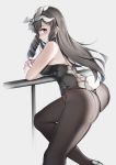  1girl absurdres ass back-seamed_legwear bare_shoulders black_hair blue_eyes blush bow breasts brown_legwear bunny_tail bunnysuit cowboy_shot crossed_arms drill_hair drill_locks fingernails from_side girls_frontline grey_background hair_bow highres howa_type_64_(girls_frontline) knee_up leaning_on_rail long_hair looking_at_viewer lubikaya1 medium_breasts pantyhose parted_lips railing seamed_legwear sidelocks solo tail white_bow 