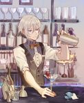  1boy bartender blue_eyes bottle bow bowtie cocktail_glass csyko cup drinking_glass fate/grand_order fate_(series) gao_changgong_(fate) gem grey_hair hair_between_eyes highres male_focus pouring short_hair silver_hair solo waistcoat 