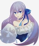  1girl bare_shoulders blue_eyes csyko fate/grand_order fate_(series) frills hair_ribbon long_hair meltryllis meltryllis_(swimsuit_lancer)_(fate) purple_hair ribbon sleeves_past_fingers sleeves_past_wrists solo tsurime 