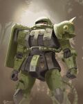  absurdres cable clenched_hands concept_art damaged dirty english_commentary forest gundam highres machinery mecha mecha_focus mobile_suit mobile_suit_gundam nature one-eyed radio_antenna red_eyes robot roundel science_fiction shield shoulder_spikes signature spikes user_hrvy3585 zaku zaku_ii zeon 