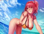  1girl bikini breasts cleavage dead_or_alive hair_ornament hanging_breasts honoka_(doa) huge_breasts long_hair looking_back navel nikita_varb nude orange_bikini parted_lips red_eyes red_hair side_ponytail smile solo swimsuit thighs water wet 