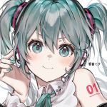  1girl absurdres aqua_eyes aqua_hair aqua_nails aqua_ribbon arm_tattoo blush character_name closed_mouth collared_shirt commentary_request hair_between_eyes hatsune_miku hatsune_miku_(nt) highres korean_commentary looking_at_viewer mixed-language_commentary neck_ribbon number_tattoo piapro ribbon shirt smile solo tattoo twintails vocaloid white_shirt xos_shark_s2 