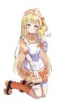  1girl =_hair_ornament ahoge alternate_costume apron bandaged_arm bandaged_leg bandages bandaid bandaid_on_arm bandaid_on_thigh blonde_hair blush bow bow_skirt cellphone choker closed_mouth collared_shirt colored_inner_hair double-parted_bangs dress fingernails flat_chest frilled_apron frilled_skirt frills gauze_on_knee hair_bow hair_ornament hand_on_own_thigh hat heart_ring_strap highres holding holding_phone hololive hololive_dev_is kneeling leg_warmers light_smile long_hair loose_socks maid_apron mary_janes multicolored_hair musical_note musical_note_hair_ornament musical_note_ornament nail_polish nurse_cap one_side_up orange_choker orange_leg_warmers otonose_kanade phone pinstripe_socks platform_footwear puffy_short_sleeves puffy_sleeves red_eyes shirt shoes short_sleeves skirt skirt_set smartphone socks solo taking_picture thigh_strap virtual_youtuber waitress white_apron white_background wrist_cuffs yellow_dress yoshidadon 