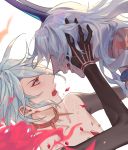  2boys 676643396dolce arjuna_alter armlet black_sleeves blue_eyes bodypaint cape collar dark_skin dark_skinned_male fate/grand_order fate_(series) fur_cape hair_over_eyes hand_on_another&#039;s_head highres horns karna_(fate) long_hair male_focus metal_collar multiple_boys open_mouth shoulder_tattoo spiked_collar spikes tattoo tears white_hair 