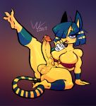  4_toes absurd_res animal_crossing ankha_(animal_crossing) anthro balls big_breasts biped breasts domestic_cat drinking erect_nipples erection felid feline felis fur genitals gynomorph hair hair_over_eye hi_res humanoid_genitalia humanoid_penis intersex looking_at_viewer mammal navel nintendo nipples one_eye_obstructed penis portrait raised_leg signature simple_background solo thick_thighs toes vein video_games wolflance yellow_body yellow_fur 
