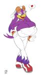 avian badgerben big_breasts bird blue_eyes bottomwear breasts cleavage clothed clothing eyelashes eyewear female footwear glasses gloves hand_on_hip handwear heart_symbol hi_res huge_breasts jewelry kerchief necklace open_mouth pants purple_body sega shoes solo sonic_riders sonic_the_hedgehog_(series) tail third-party_edit topwear tube_top walking wave_the_swallow