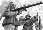  1970s_(style) 1980s_(style) absurdres bazooka_(gundam) cable cloud gouf gundam highres machinery mecha mecha_focus mobile_suit mobile_suit_gundam monochrome no_humans one-eyed radio_antenna retro_artstyle robot roundel scan shield shoulder_spikes spikes traditional_media upper_body user_rmxe7445 zaku zaku_ii zeon 