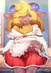  anthro apron apron_lift asian_clothing blonde_hair blue_eyes blush bovid brown_body brown_fur brown_hair bulge caprine chest_tuft clothed clothing clothing_lift crossdressing east_asian_clothing fully_clothed fur girly hair hakama haori hitsuji_(character) horizontal_pupils horn japanese_clothing kemono kiichi looking_at_viewer male mammal miko_outfit multicolored_hair red_hakama sheep sitting smile solo tuft two_tone_hair wide_hips yellow_body yellow_fur 