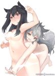  2girls :d animal_ear_fluff animal_ears arknights arm_up assisted_exposure bangs barefoot black_hair blush breast_grab breasts brown_eyes censored commentary_request cowboy_shot glomp grabbing grabbing_from_behind grey_eyes groin hair_between_eyes hair_censor hug lappland_(arknights) long_hair medium_breasts mujinbi multiple_girls navel nose_blush nude open_mouth panties panty_pull patreon_username pulled_by_another sharp_teeth sidelocks silver_hair simple_background smile standing stomach tail teeth texas_(arknights) thighs topless underwear white_background white_panties wolf_ears wolf_tail yuri 