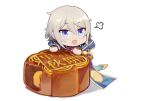  1boy blue_eyes chibi chinese_clothes csyko fate/grand_order fate_(series) food food_on_face gao_changgong_(fate) grey_hair hair_between_eyes male_focus mooncake no_mask silver_hair solo 