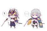  blue_eyes blush chibi chinese_clothes csyko dual_persona fate/grand_order fate_(series) gao_changgong_(fate) grey_hair hair_between_eyes highres holding holding_sword holding_weapon horned_mask male_focus mask mask_removed short_hair silver_hair sword weapon 